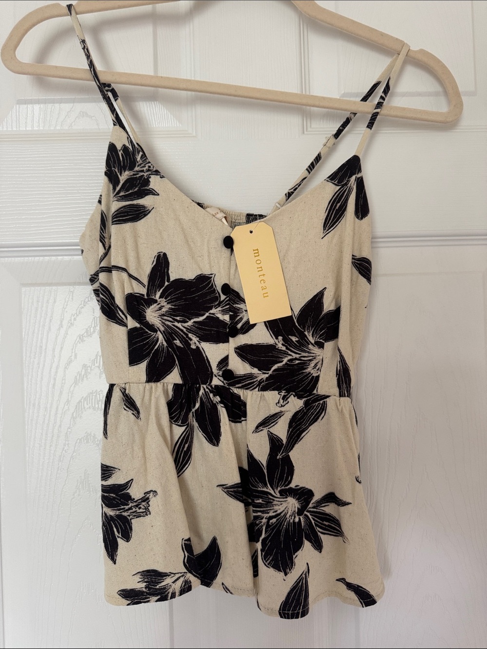 Monteau Cream and Black Floral Spaghetti Strap Peplum Top